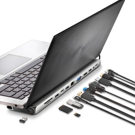 NGS WonderDock 12 Pro Hub USB-C: 3xUSB, 2xHDMI, VGA, RJ45, Lector tarjetas, Jack 3.5mm, PD Gris NGS WonderDock 12 Pro Hub USB-C: 3xUSB, 2xHDMI, VGA, RJ45, Lector tarjetas, Jack 3.5mm, PD Gris